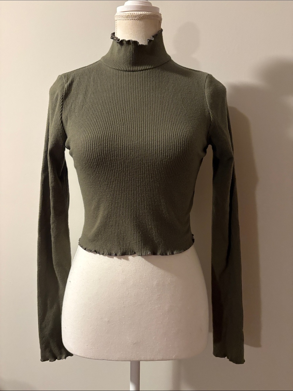 NWT Aerie Long Sleeve Cropped Mock Neck Ribbed Top in Olive Green. Size Small